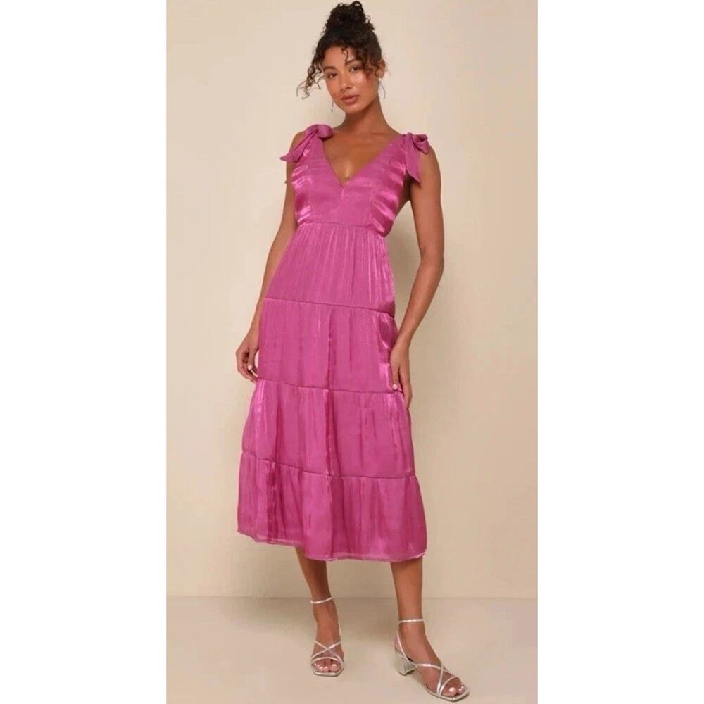 Lulus Exemplary Shine Magenta Organza Tie-Strap Tiered Midi Dress L Large NWT